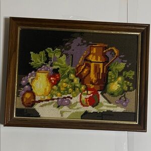 Vintage still life needlepoint framed 1982